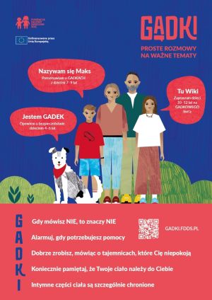 Czteroosobowa rodzina z psem oraz dymki oznaczające rozmowę, informacje o programie Gadki.