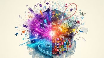 Głowa człowieka podzielona na pół, w środku zamiast mózgu – chaotyczna, dynamiczna sceneria.