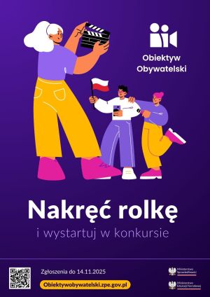 Plakat konkursowy - trzy postacie z klapsem filmowym, mikrofonem i flagą narodową.