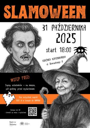 Plakat, na którym Słowacki jest wampirem, a Szymborska czarownicą oraz informacja o wydarzeniu.