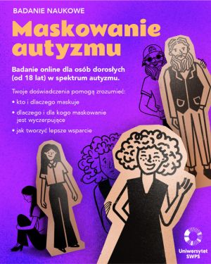 Fioletowo-żółta grafika wektorowa uśmiechniętymi postaciami oraz z nazwą badania i krótkim opisem.