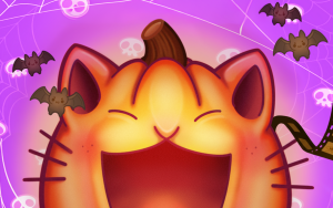 Dynia imitująca śmiejącego się kota, nad nią są pajęczyny i latają nietoperze.