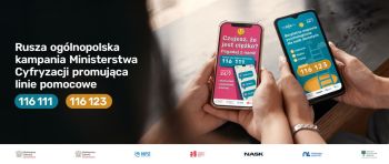 Dwa smartfony z informacjami na ekranach o liniach pomocowych - baner kampanii Ministerstwa Cyfryzacji.