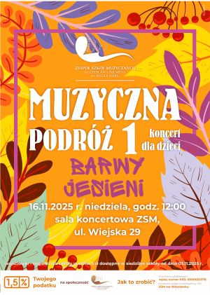 Plakat z kolorowymi liśćmi i napisem: Muzyczna podróż 1 - Barwy jesieni.