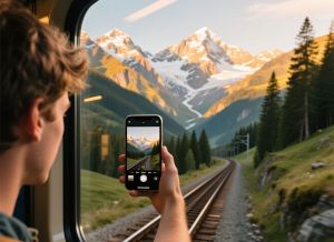 Chłopak robi zdjęcie ładnego pejzażu górskiego, jadąc pociągiem.