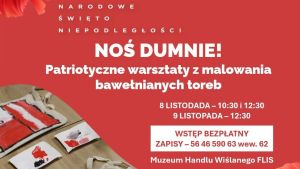 Na czerwonym tle fragment torby bawełnianej, własnoręcznie ozdobionej oraz informacje o warsztatach.