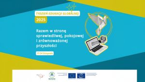 Baner Tygodnia Edukacji Globalnej z motywem gołębia origami i dłoni obejmującej kulę ziemską.