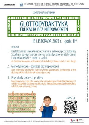 Chłopiec z uniesionymi w górę kciukami oraz tablica z polskim alfabetem na plakacie konferencji.