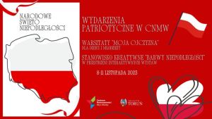 Plakat informujący o wydarzeniach patriotycznych. Kolory biało - czerwone, symbole narodowe. Logo Młyn Wiedzy i Miasto Toruń.