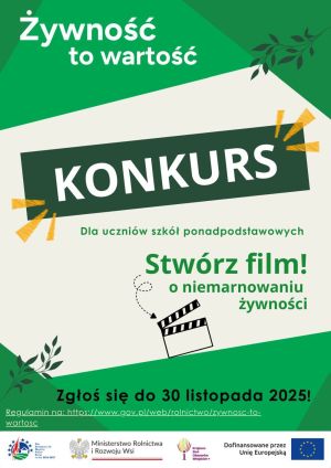 Klaps filmowy na plakacie konkursowym "Nie marnuj żywności – Żywność to wartość".