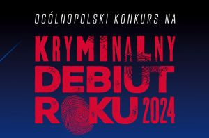 Plakat konkursu na kryminalny debiut roku 2024 z odciskami palców na napisach.
