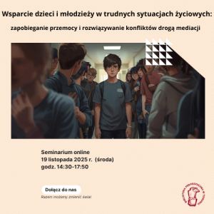 Grafika promująca seminarium z informacjami o nim oraz motywem chłopca na korytarzu szkolnym, wyobcowanego pośród innych...