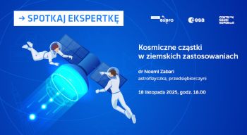 Sztuczny satelita i astronauci na banerze "Spotkania z ekspertką".