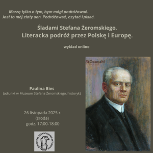 Plakat promujący wydarzenie z informacjami o nim i obrazem elegancko ubranego mężczyzny o siwych włosach.