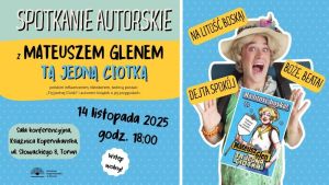 Z lewej strony informacje o wydarzeniu, z prawej zdjęcie mężczyzny przebranego za kobietę.