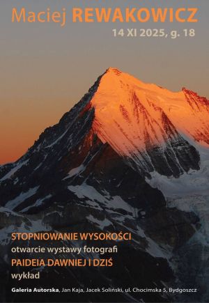 Szczyt górski na plakacie informacyjnym wykładu i wernisażu wystawy fotograficznej.