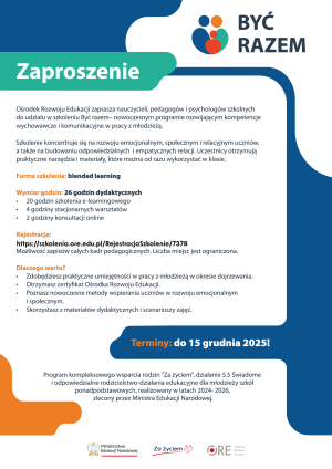 Plakat informacyjny szkolenia „Być razem”.