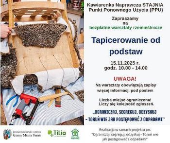 Grafika promująca wydarzenie z motywem starego krzesła i narzędzi oraz z logotypami organizatorów.