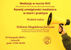 Grafika promująca wydarzenie, na żółtym tle informacje o wykładzie, logo i motyw megafonu.