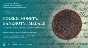 Grafika z informacją o wystawie oraz monetą.