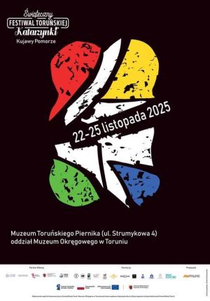 Plakat Festiwalu Toruńskiej Katarzynki 22–25 listopada 2025 z kolorowymi kształtami na czarnym tle.