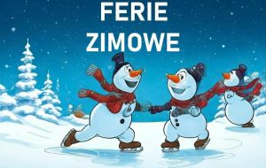 Rysunkowe postaci bałwanów jeżdżących na łyżwach. W tle śnieżny pejzaż.