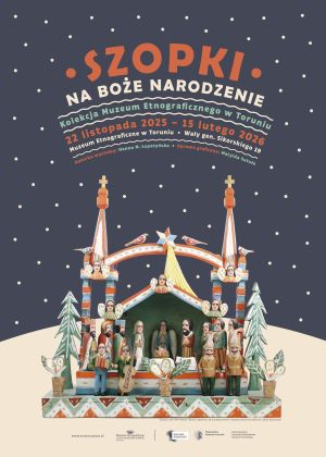 Plakat promujący wystawę z kolorową drewnianą szopką.