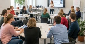 Sala z uczestnikami szkolenia i prowadzącą stojącą przy tablicy interaktywnej.