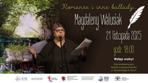 Plakat wydarzenia „Romanse i inne ballady… Magdaleny Walusiak”, kobieta przy mikrofonie.