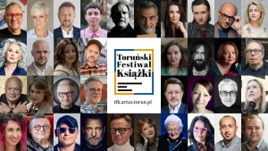 Kolaż portretów uczestników i uczestniczek wokół logo Toruńskiego Festiwalu Książki na białym tle.