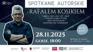 Mężczyzna o siwych włosach w ciemnej koszuli, obok na grafice informacje o wydarzeniu.