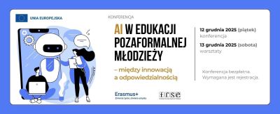Baner konferencji z motywem robotów i sztucznej inteligencji.