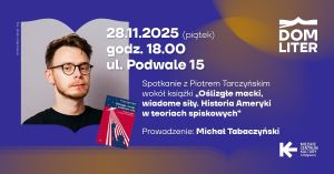 Mężczyzna w okularach, obok informacje o spotkaniu.