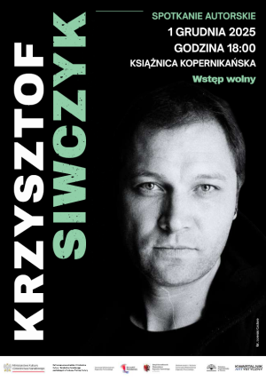 Plakat spotkania autorskiego, z czarno-białym portretem mężczyzny oraz informacjami o dacie i miejscu wydarzenia.