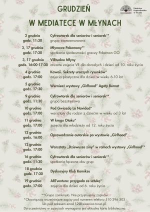 Plakat informujący o grudniowych wydarzeniach w Mediatece w Młynach