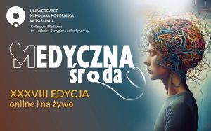 Baner "Medyczna Środa z Collegium Medicum UMK" z logo organizatora i grafiką surrealistyczną.