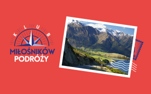 Grafika z widokówką z widokiem na góry, obok napis: Klub Miłośników Podróży.