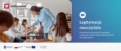 Nauczycielka z uczniami w klasie na banerze "Legitymacja nauczyciela"