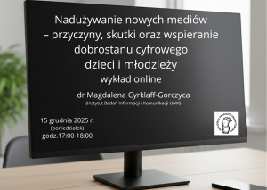 Monitor komputera z tytułem wykładu oraz datą i logotypem organizatora.