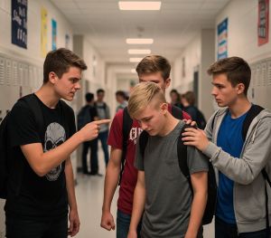 Wrogość i negatywne emocje na twarzach czterech chłopaków na korytarzu szkolnym.