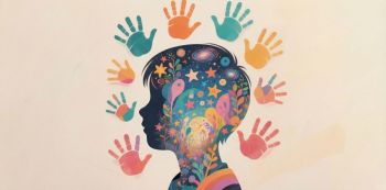 Profil głowy chłopca wypełniony kolorowymi wizjami, otoczony wieloma odciskami dłoni.