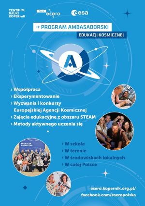 Plakat programy ambasadorskiego ze zdjęciami uczestników i logotypami organizatorów.