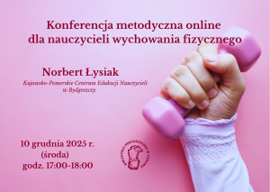 Plakat konferencji online dla nauczycieli wychowania fizycznego, dłoń trzymająca różowy hantel na różowym tle.