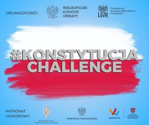 Plakat informacyjny konkursu #KonstytucjaChallenge z motywem barw narodowych.