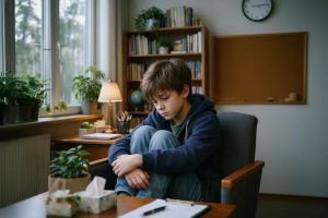 Smutny chłopiec z podkulonymi nogami w gabinecie szkolnego psychologa.