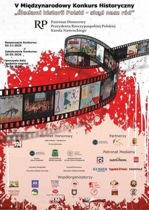 Plakat konkursowy z logotypami oraz motywem taśmy filmowej.