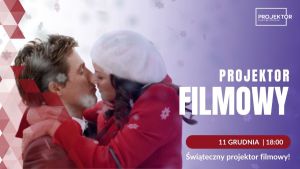 Obejmująca się para - kadr z filmu na banerze świątecznego PROJEKTORA filmowego.