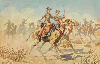 Żołnierze na wielbłądach na obrazie z początku 20 wieku.