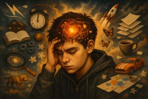 Chłopiec z zamkniętymi oczami, wokół krążą różne przedmioty, symbolizujące gonitwę myśli.