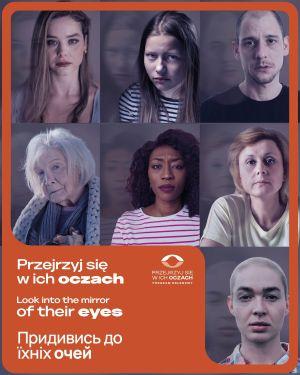 Plakat kampanii z twarzami 5 kobiet i mężczyzny, wyrażającymi różne emocje: strach, lęk, płaczących i inne.